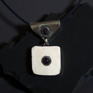 ✨ Vintage Square Bone & Garnet Pendant | Hand-Carved Artisan Heirloom